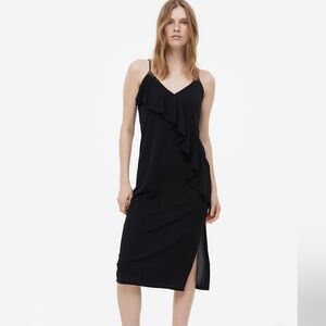 H&M Black Ruffle-Detail Midi Slip Dress